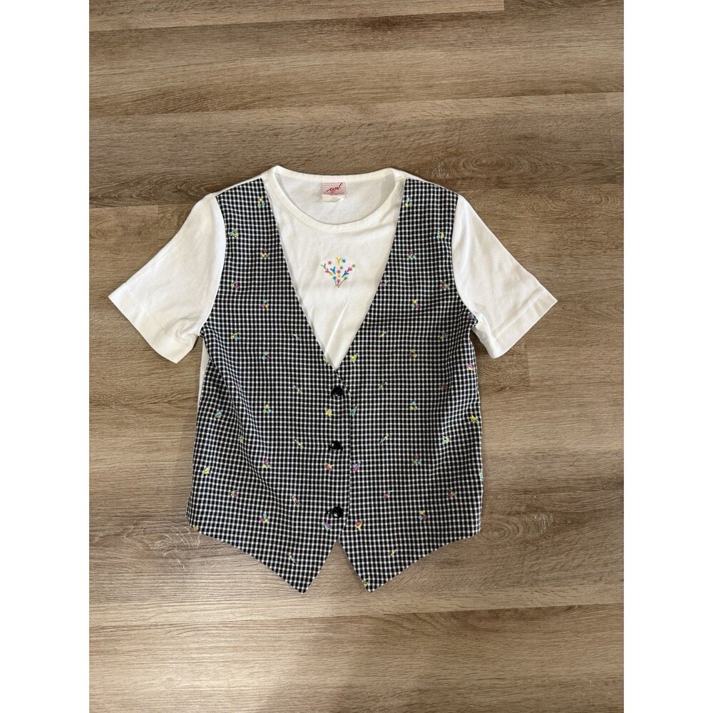 G.W Petites Women’s Vintage Floral Plaid Vest Shirt Top Grandmacore 90s